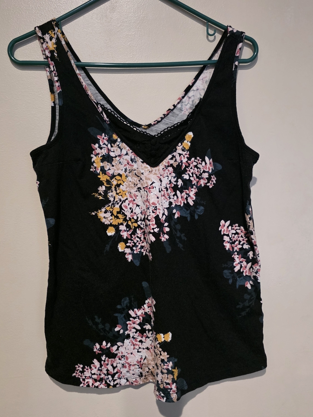 Maurices 24/7 Black Floral V-Neck Tank Top with Pink and Yellow Accents Summer